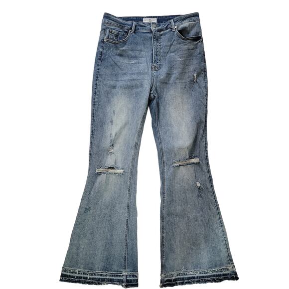 Risen Denim - Risen Jeans Size 1XL High Rise Distressed Flare Jeans Banded Raw Hem Light Wash